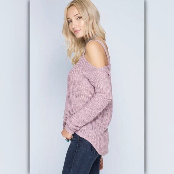A490-A • Lilac Cold Shoulder Slub-Knit Sweater - Picture 2 of 6